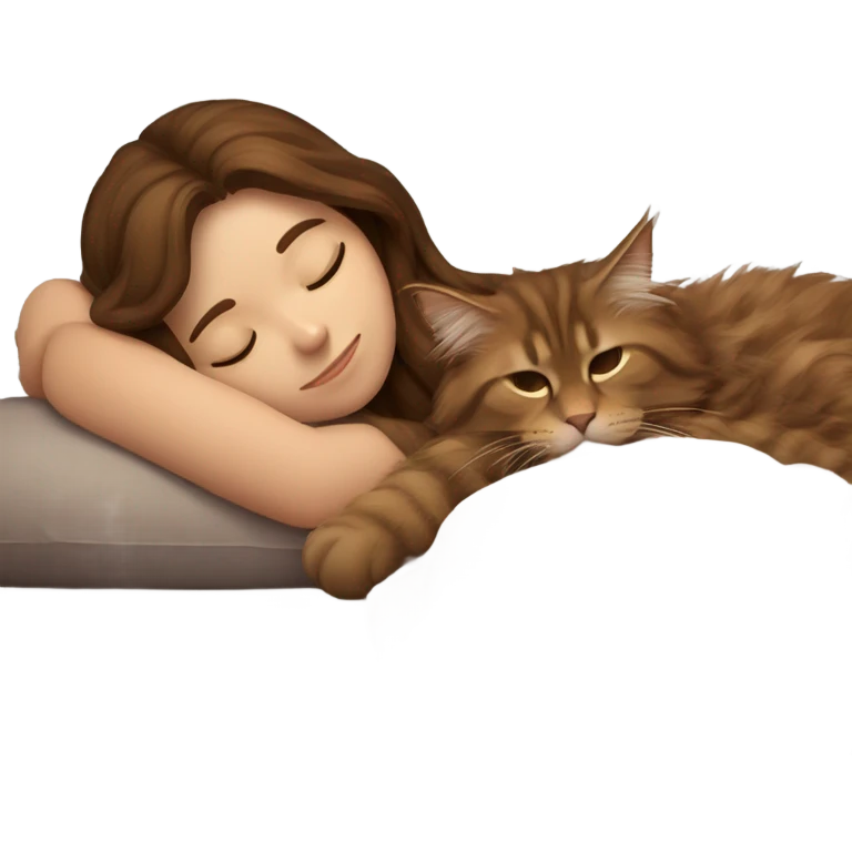 Brown-haired girl sleeping with her brown maine coon cat  emoji