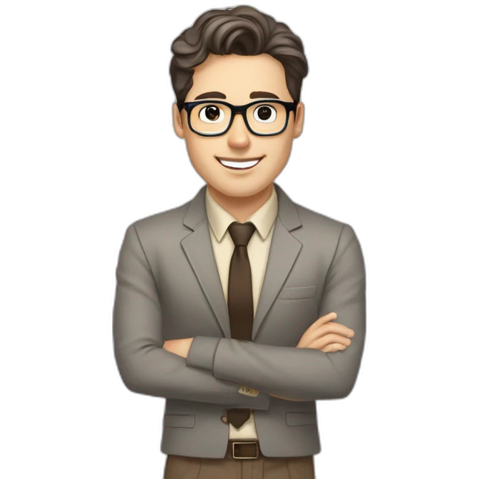 Pale skinned fit man with dark brown hair in gray jacket, beige office shirt, brown tie, brown pants and vintage glasses Writing text on a marker board emoji