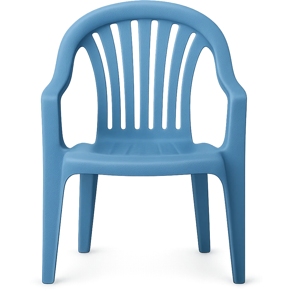 blue molded plastic lawn chair, arched top roll, five vertical back slats, viewed from the front, clean and minimal emoji
