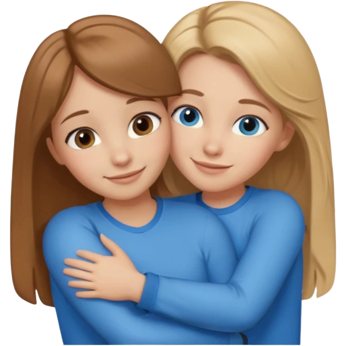 two Girls, Brown and Blonde hair, with Blue Eyes hugging one has Brown hair cute Hug  emoji