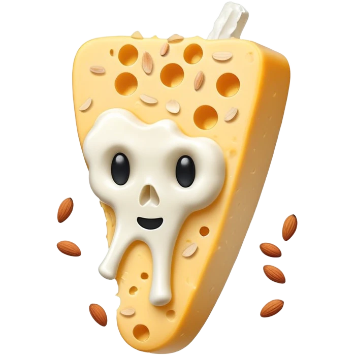 A glowing white bone surrounded by calcium-rich foods: shredded cheese, natural yogurt, sesame seeds and almonds beside a single bone emoji
