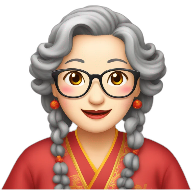 Chinese seniors lady wear glasses has wavy long hair wear Chinese traditional dress show appreciation sign emoji