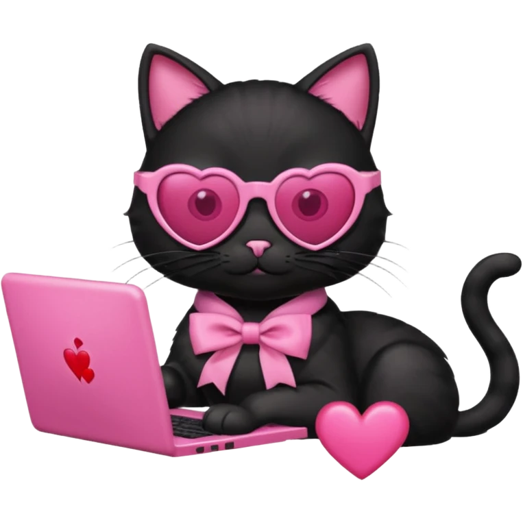 Black cat with pink ribbon and sunglasses doing pink computer with pink heart emoji