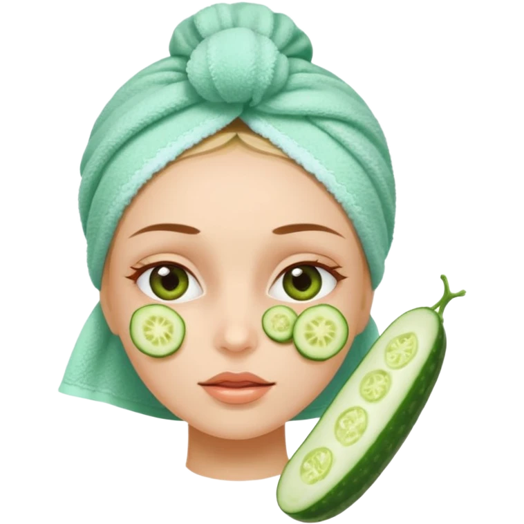 Chica con toalla en el pelo y ruedas de pepinos en los ojos emoji