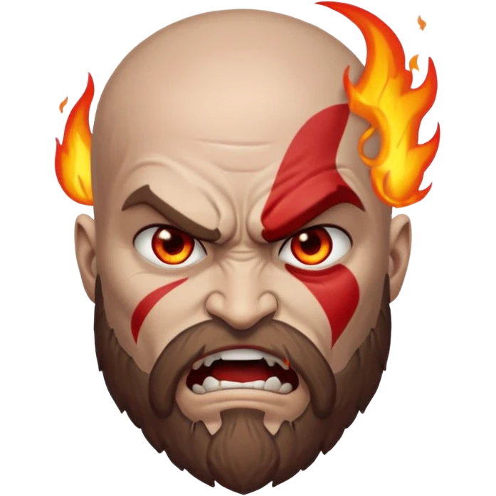 A custom emoji design of "Kratos" from "God of War", "Rage mode with fire eyes", "Apple Emoji Style", isolated on white background, clean lines, high quality sticker style, vector graphics, minimalistic emoji