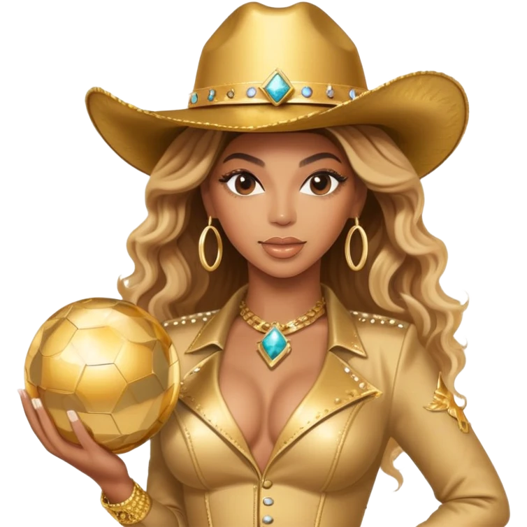 Beyonce with a gold outfit and gold cowboy hat hold the Vegas sphere emoji