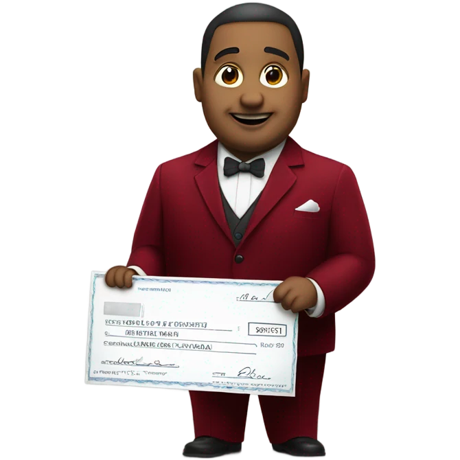 fat guy in dark red velvet suit holding cheque emoji