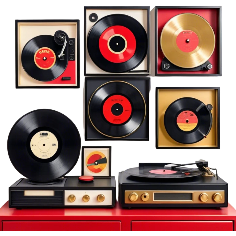 Icon for Vinyl Record Collecting: large black, golden and red vinyl records in decorative packaging featuring artist images, neatly arranged on a wall or shelf, modern vinyl record player. The icon should reflect the aesthetic and artistic aspect of collecting vinyl records. Transparent background. emoji
