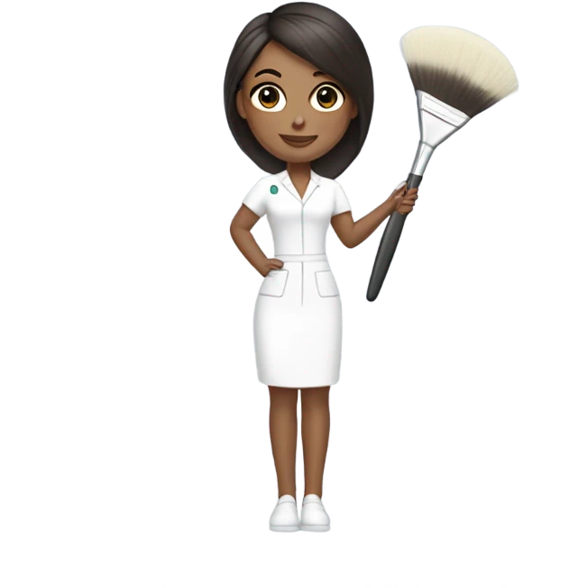 Brunette esthetician wearing white holding a fan brush emoji