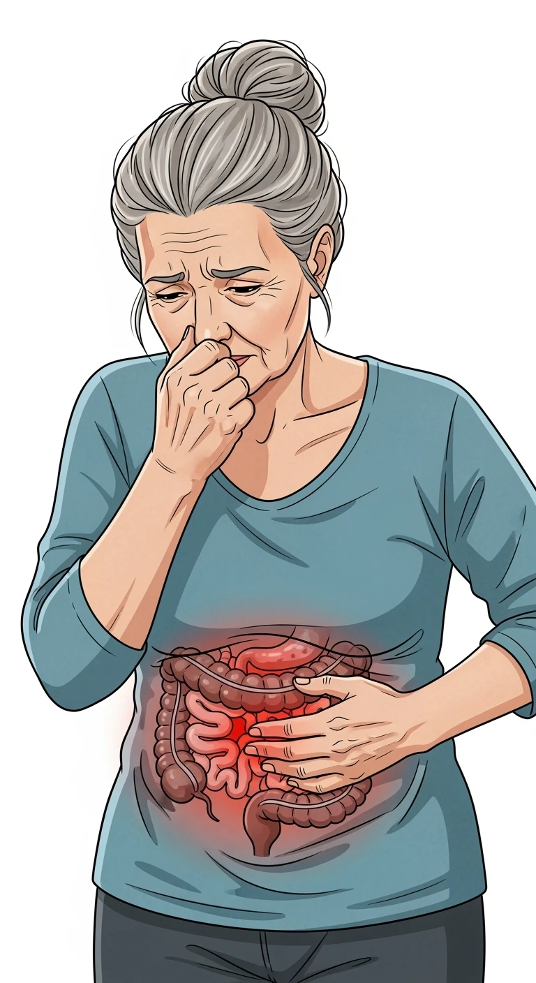 DONNA CHE SI TIENE LA PANCIA CON INTESTINO ANATOMICO UMANO VISIBILE, MAL DI PANCIA, CON L'ALTRA MANO SI TAPPA IL NASO PER LA PUZZA, ISOLATA SU SFONDO BIANCO emoji