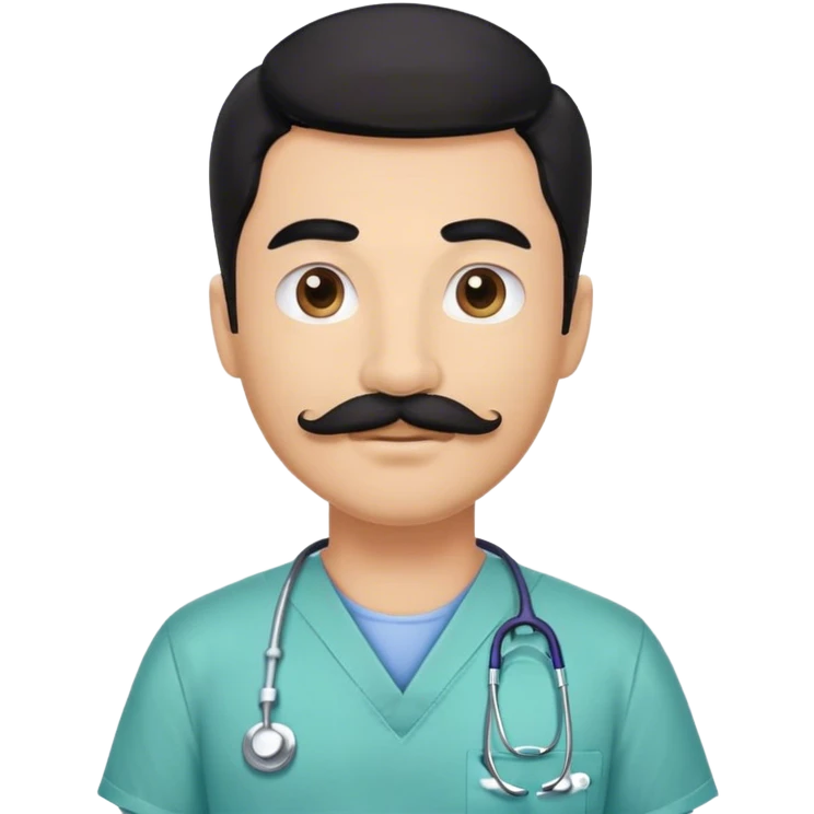 Male dentist wearing scrubs with black hair and a mustache emoji