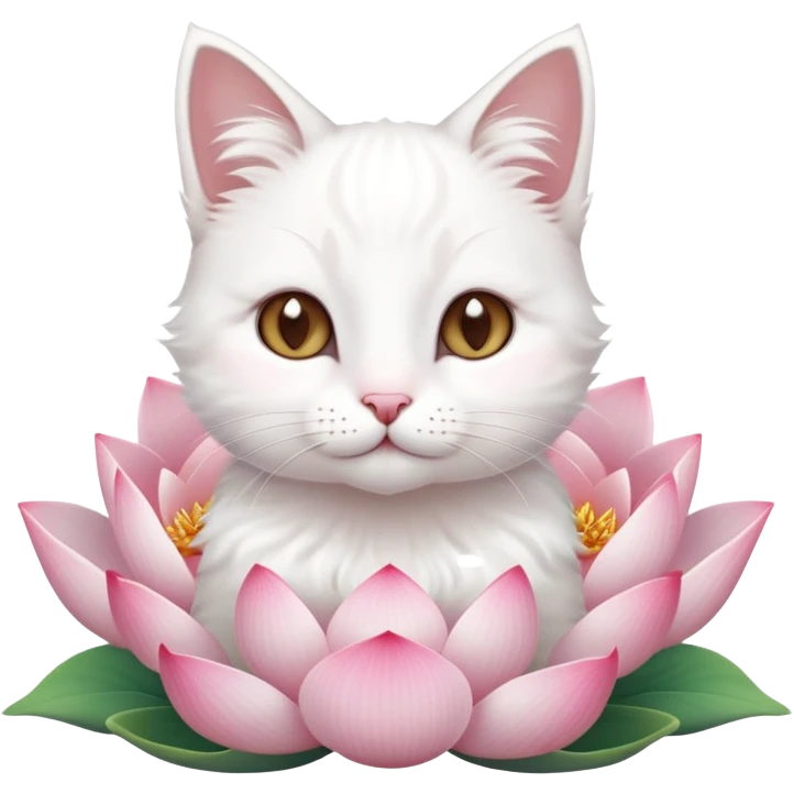 A cute  little  white cat and lotus emoji