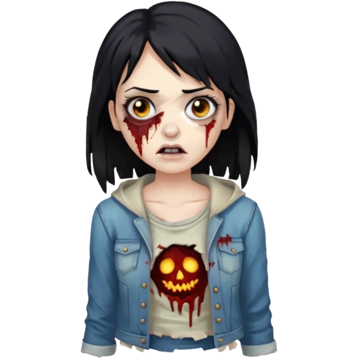 Uma mulher zombie de cabelo preto médio e olho castanho emoji