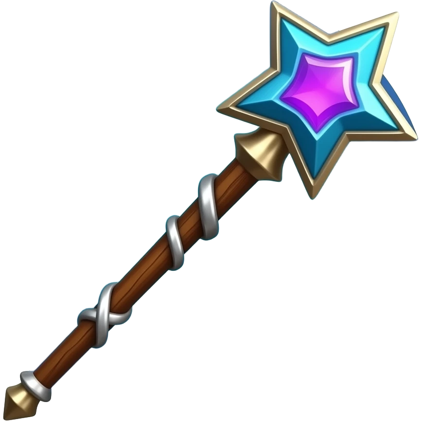 3d fantasy wand emoji, wooden staff, metallic accents, blue star head with glowing purple gem, soft magical glow, simple stylized 3D, centered on blue gradient background emoji