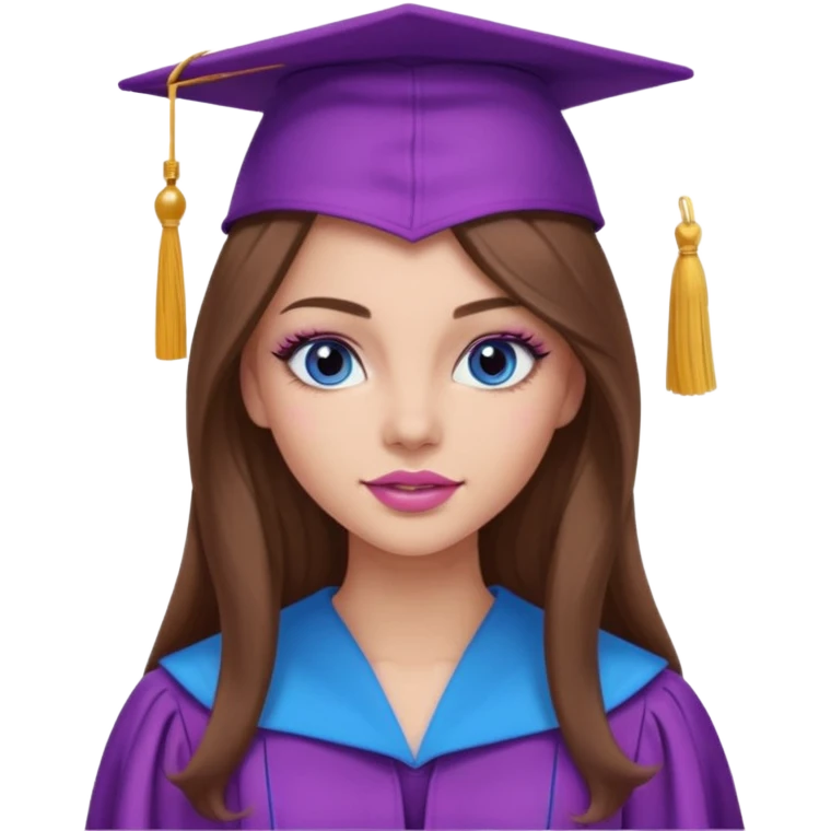 girl with gorgeous long brown hair, blue eyes, long lashes makeup, sexy pink lips, wearing a purple and pink graduation cap and gown emoji