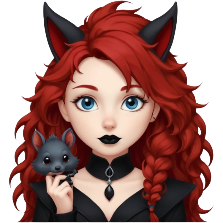  long curly red hair (darker), red pointed ears with black trim, black goth outfits, body and face human, blue eyes, more pointy chin, black lipstick, big fluffy red squirrel tail with black tips, like the attached photo with more outfits and poses,  emoji