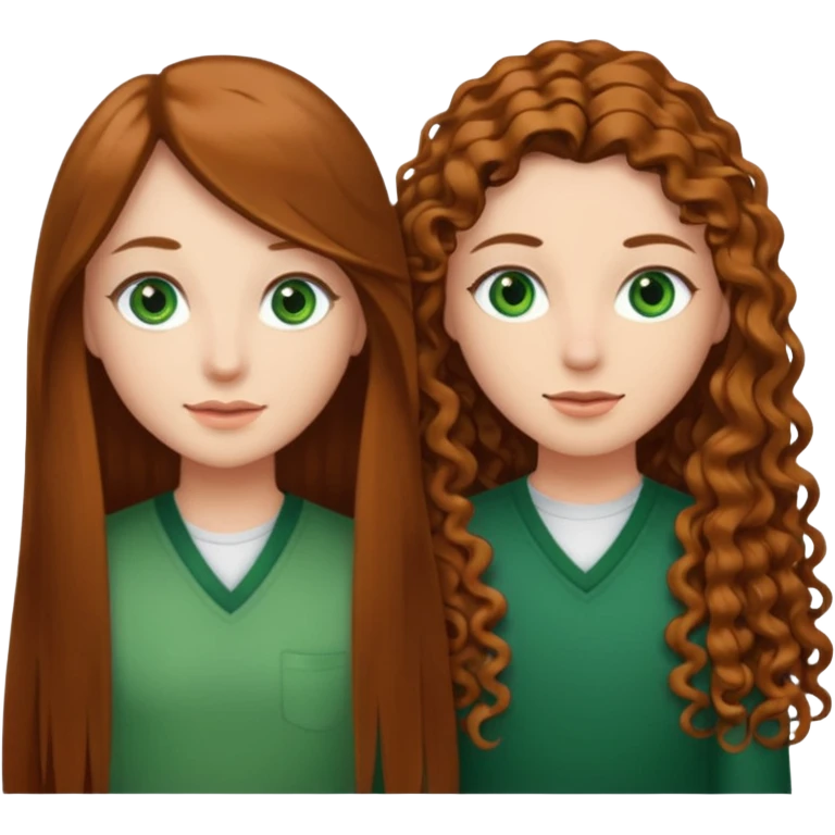 Two besties: 1: long ironed straight hair, green eyes 2: long curly brown hair, brown eyes emoji