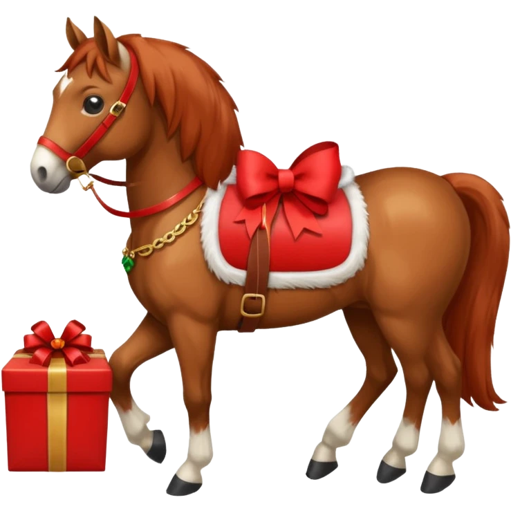 a christmas horse with a red saddle, which has a red gift box with a white bow on the saddle emoji