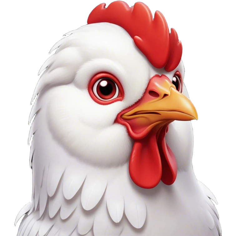 Cinematic Cute White Chicken Portrait Emoji, Head tilted playfully and inquisitively, featuring smooth, immaculate white feathers and a delicate red comb, round, sparkling beady eyes filled with curiosity, Simplified yet irresistibly adorable features, highly detailed, glowing with a warm, friendly glow, high shine, affectionate and lively, stylized with a touch of farmyard whimsy, bright and endearing, soft glowing outline, capturing the essence of a mischievous yet loving chicken, so playful it feels like it could peck out of the screen and into your arms! emoji