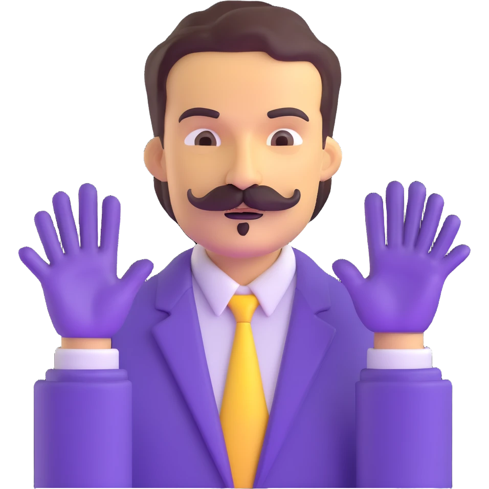 Man with mustache and purple hands emoji