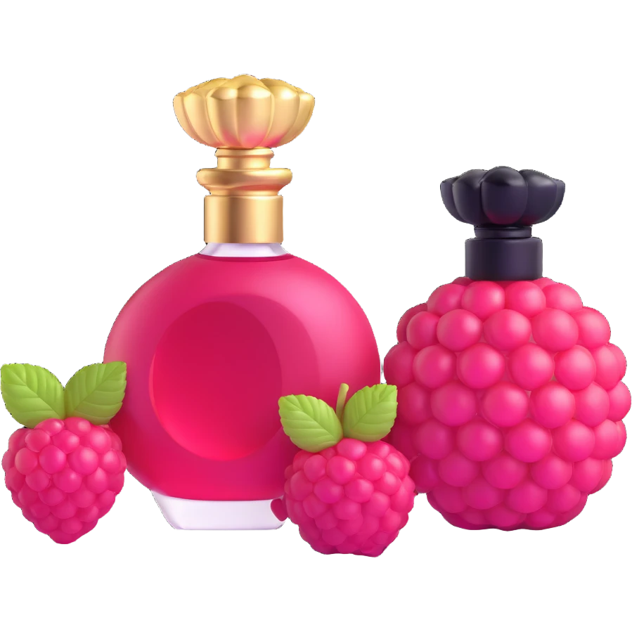 AVON women's perfume bottle next to a raspberry-shaped bottle emoji