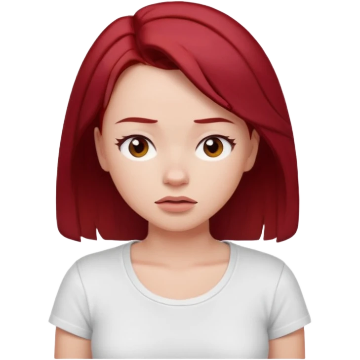 younger woman shrugging, eyes closed, white t-shirt, dark red hair emoji