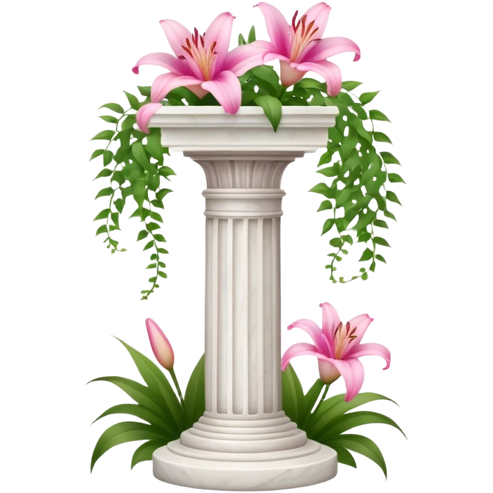 White tall marble pedestal with vines growing on it and pink lilies, beautiful romantic scenery  emoji