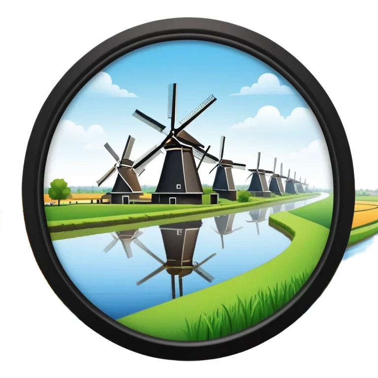 cinematic-realistic-kinderdijk-windmills-landmark-emoji,-showcasing-traditional-dutch-windmills-aligned-along-a-tranquil-canal,-with-lush-green-fields in a picture frame emoji