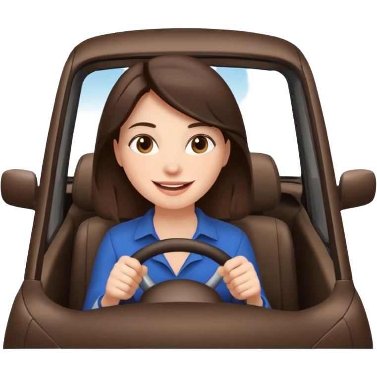 Brunette woman driving car. Happy face confidence  emoji