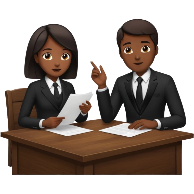 man in formal suit talking to woman in formal suit, they sit, papers in hands on the table emoji