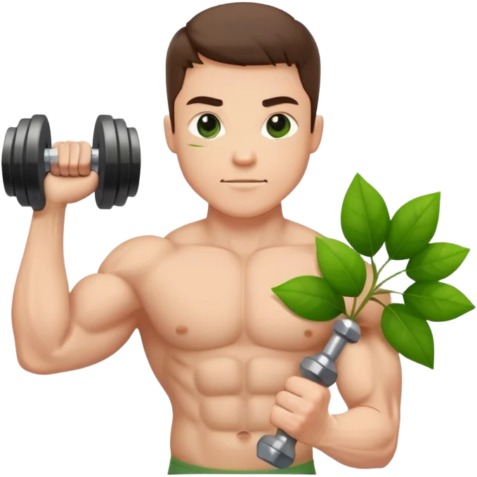 strong biceps flexing while holding a dumbbell, five green leaves arranged on the left side emoji