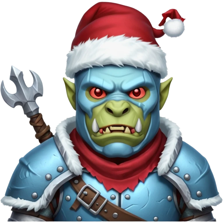 
Fantasy Christmas orc legion soldier icon, iron tundra army theme, heavy winter armor, disciplined brutal look, icy blue steel armor with deep crimson accents, frozen metal texture, cold winter atmosphere, male variant emoji