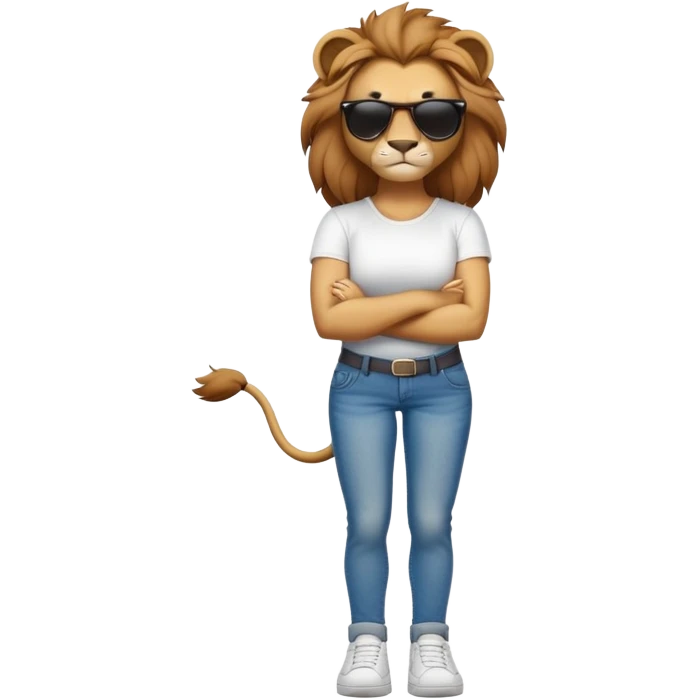 female lion character, full body, standing with arms crossed, wearing jeans, white t-shirt, trainers, dark sunglasses, strong and determined look emoji