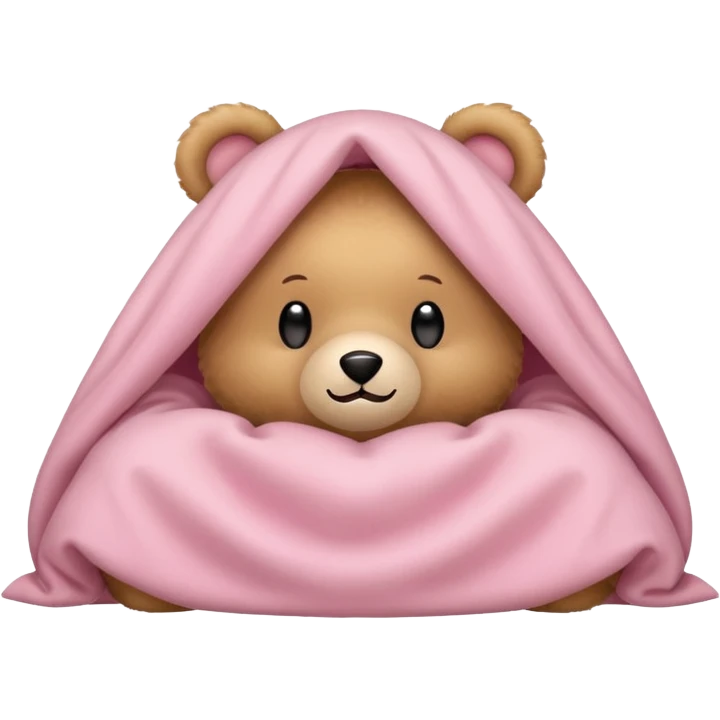 Happy light tan teddy bear hiding under light pink covers  emoji