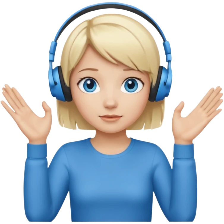 girl with blonde and middle short hair and blue eys with heands telling what, having heaphones on head,  emoji