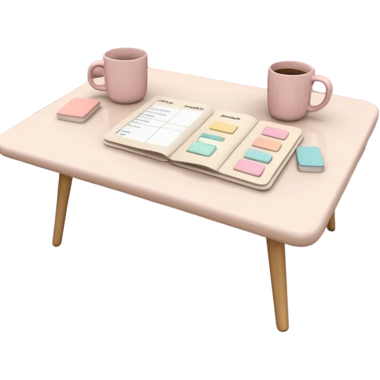 Coffee table with pastel pink study flashcards, beige ceramic mug beside emoji
