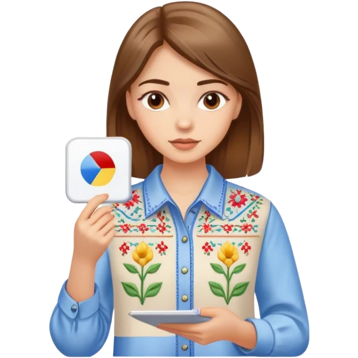 A Ukrainian girl with brown hair in an embroidered shirt holds a diagram emoji