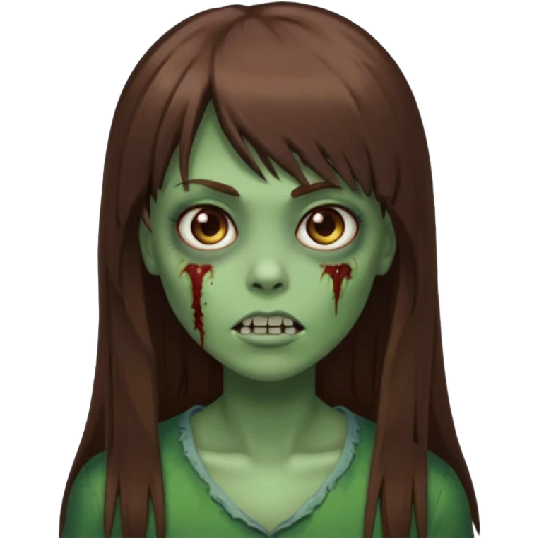 Zumbi feminino, de pele verde, cabelo marrom, longo, liso e castanho com franja emoji
