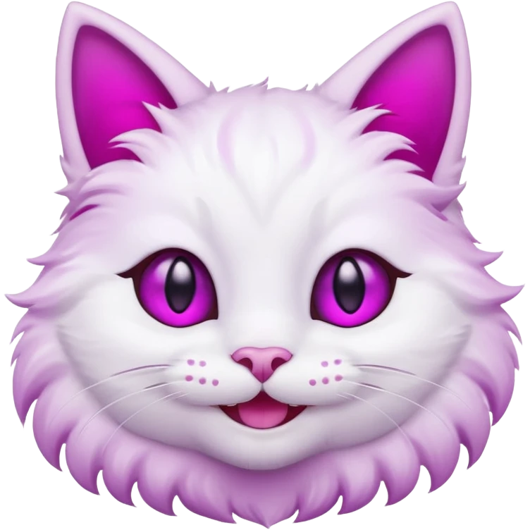 White cat smiling with teeth showing, pink inner ears, magenta purple eyes, looks like discord's Smiling Cat emoji emoji