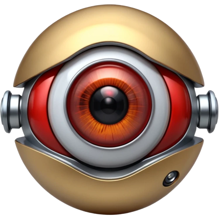 3D render of Robotic Eye, futuristic cyborg aesthetic, fusion of organic skin and chrome metal, white eyeball with a glowing red camera lens iris, exposed wiring, Apple emoji style, isolated on white background --v 6.0. emoji