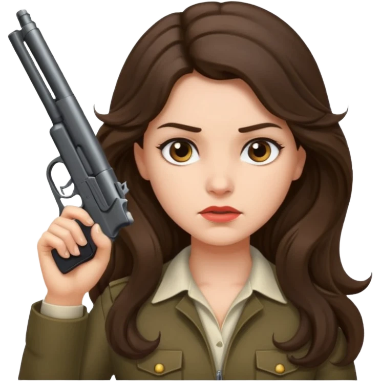 A brunette with long wavy hair girl who is about to kill herself with a littlr gun pointed at her temple emoji