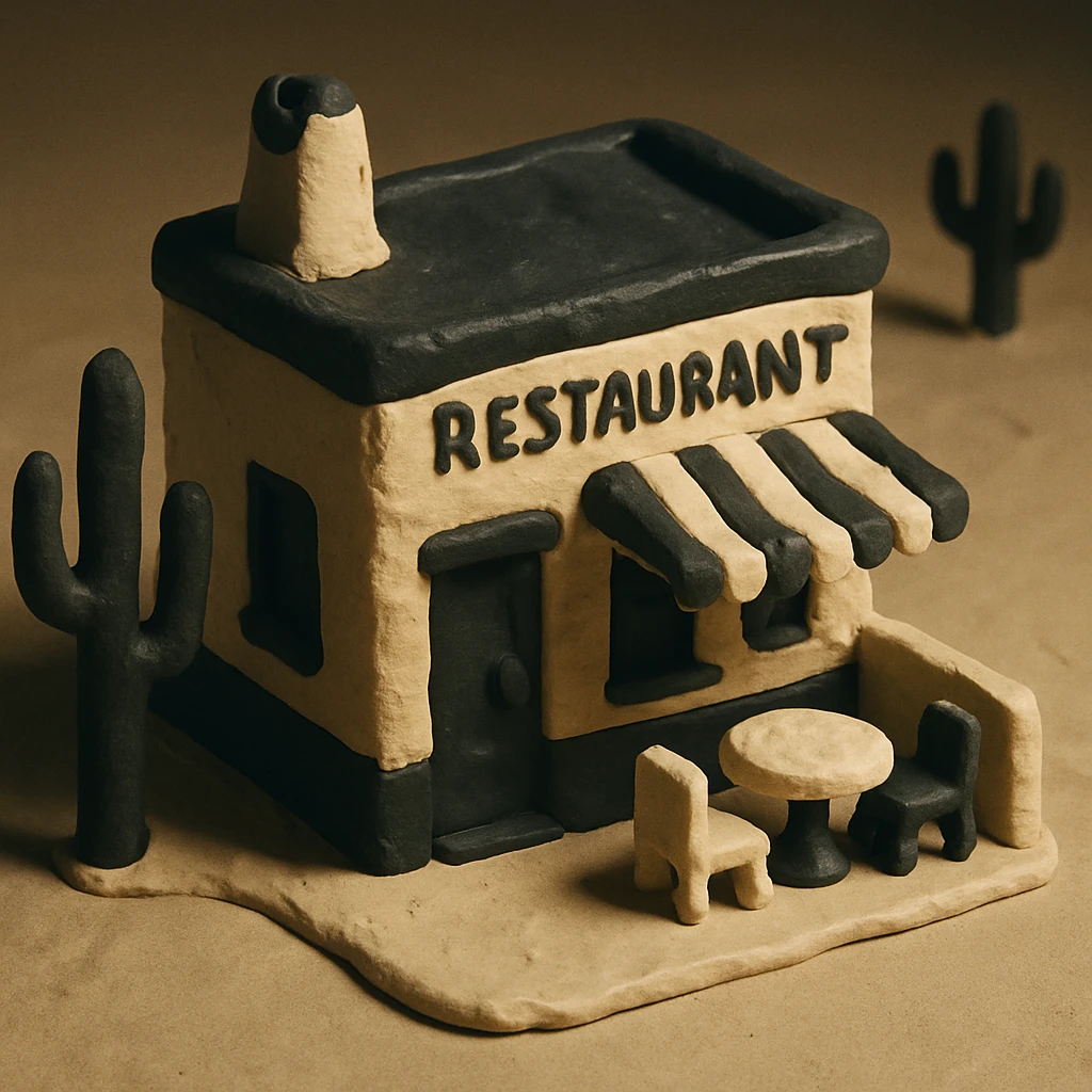 isometric exterior of a small southwestern restaurant, black, beige, and white color palette, 3D realistic, claymation look emoji
