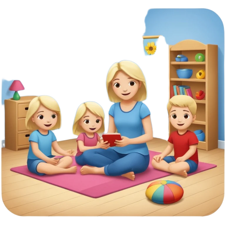 create a flat illustration of a children's room where the mother is sitting on the floor and two children are playing nearby emoji
