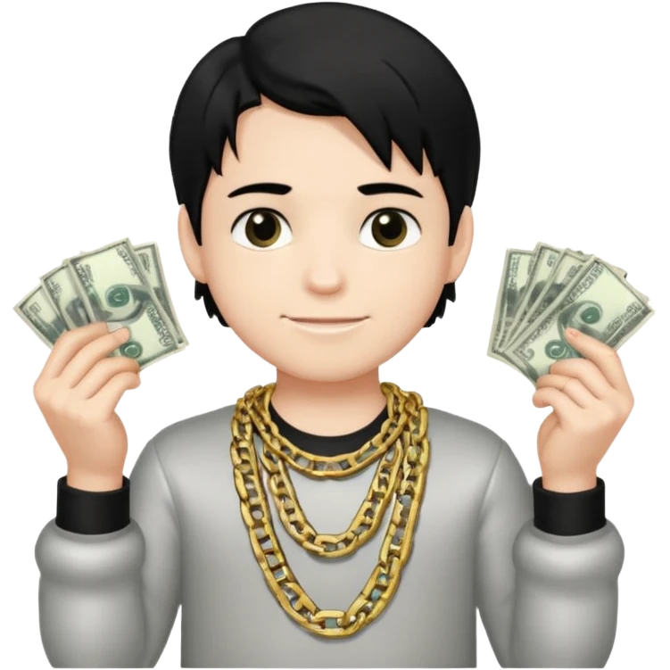 Has un chico con mucha plata en sus manos y en su alrededor, Con una cadena que diga "JovenBallin" y que tenga pelo negro y sea piel blanca emoji