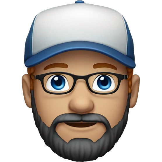 30 years old, male, short curly red hair, glasses, black baseball hat, blue eyes, pale complexion, thick beard and thin mustache emoji