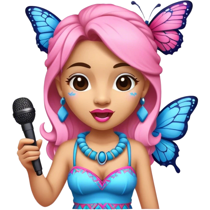 Cartoon Blue and pink tiki girl singing with butterfly and in the mikrophone emoji