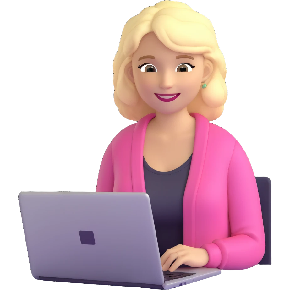 blonde woman in a pink cardigan smiling and typing on a laptop emoji