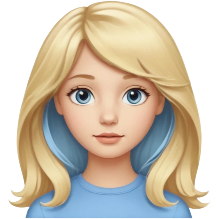 jeune femme de 20 ans, blonde avec une raie au milieu et une frange rideau encadrant le visage. Cheveux longs, lisses sur le haut et légèrement ondulés avec de belles boucles souples sur les pointes. Yeux bleus clairs lumineux, regard doux et naturel. Teint frais et peau lumineuse. emoji
