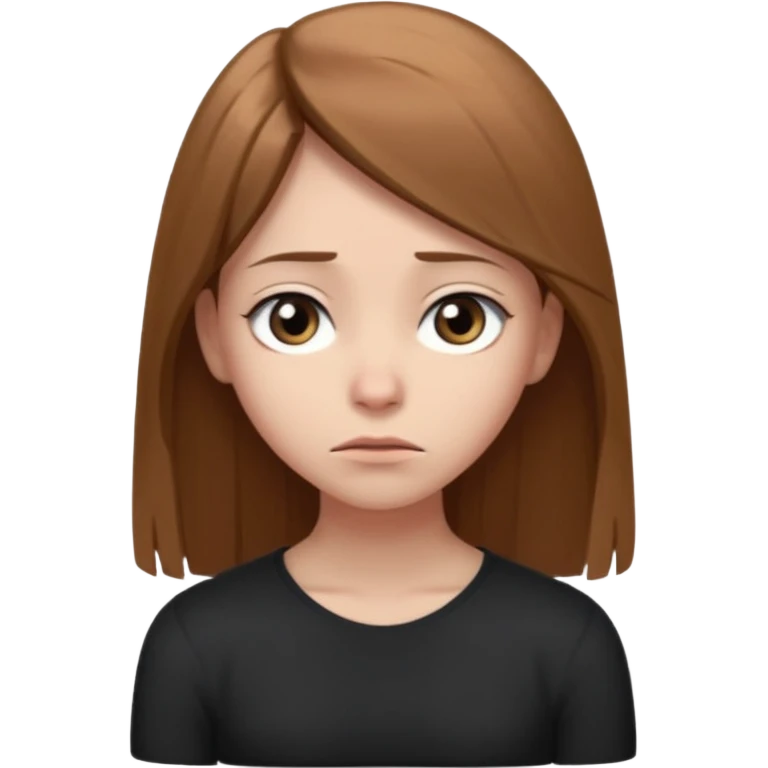 emoji of a girl with long, straight light brown hair, fair skin, soft grey eyes. Wearing a black. Standing slightly apart from a group of people, shoulders slightly hunched, arms loosely at her sides, head tilted down, eyes looking away. Nervous, unsure, miserable, and afraid.  emoji