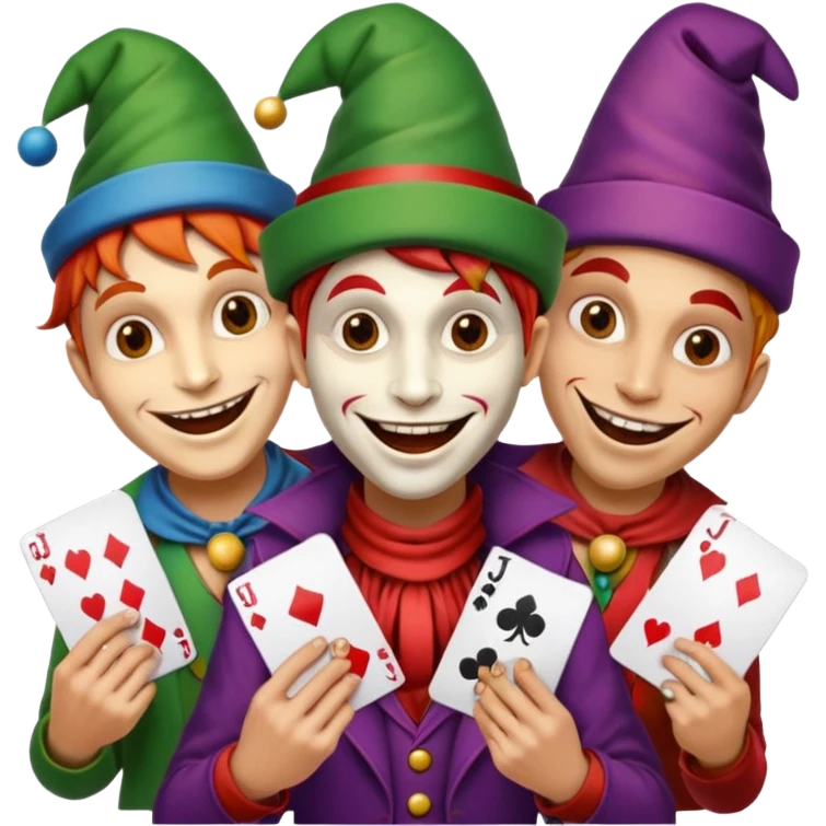 3 poker cards, with crazy colorful human jolly jokers inside, face only emoji